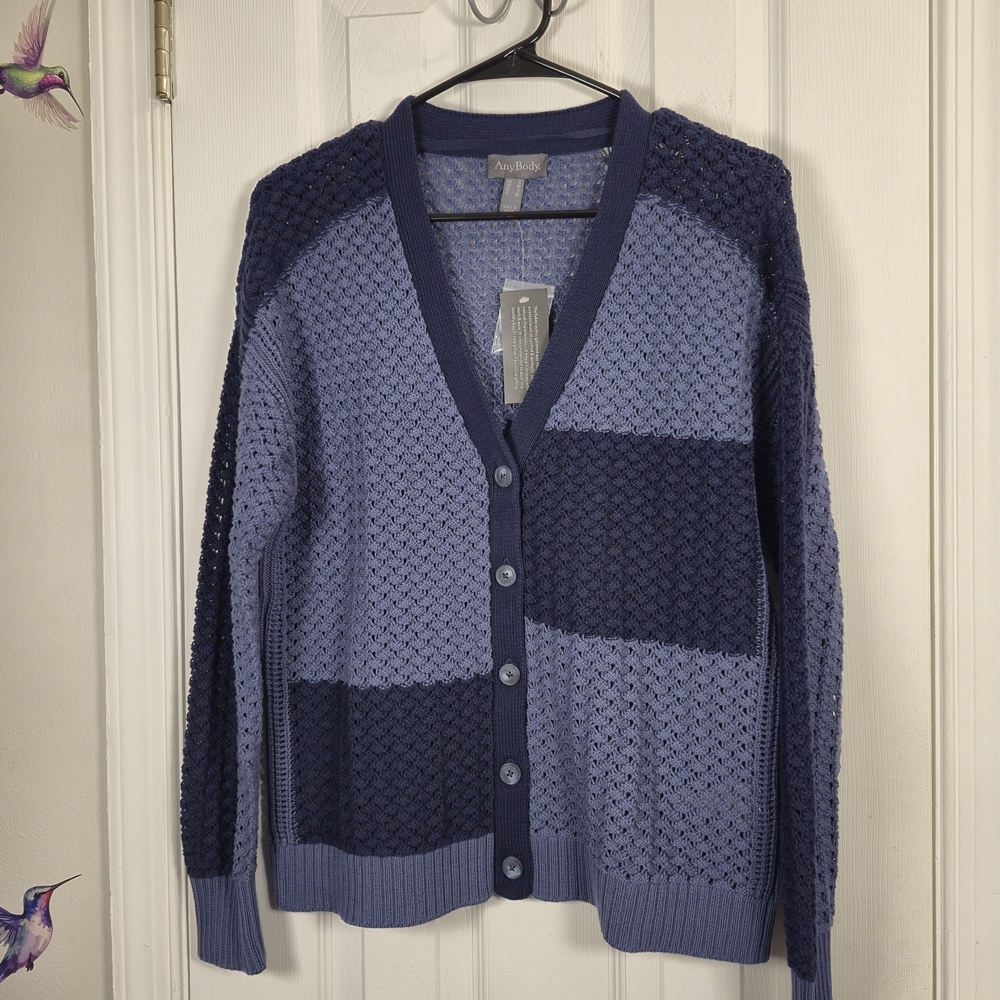 NWT AnyBody Colorblock Button Front Sweater Patchwork Cardigan Blue Navy Size S